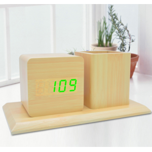 创意桌面办公电子笔筒钟LED木头钟 静音声控平底木头电子闹钟