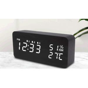 简约静音床头桌面电子闹钟USB直供温湿度声控LED木头钟带闹铃标志